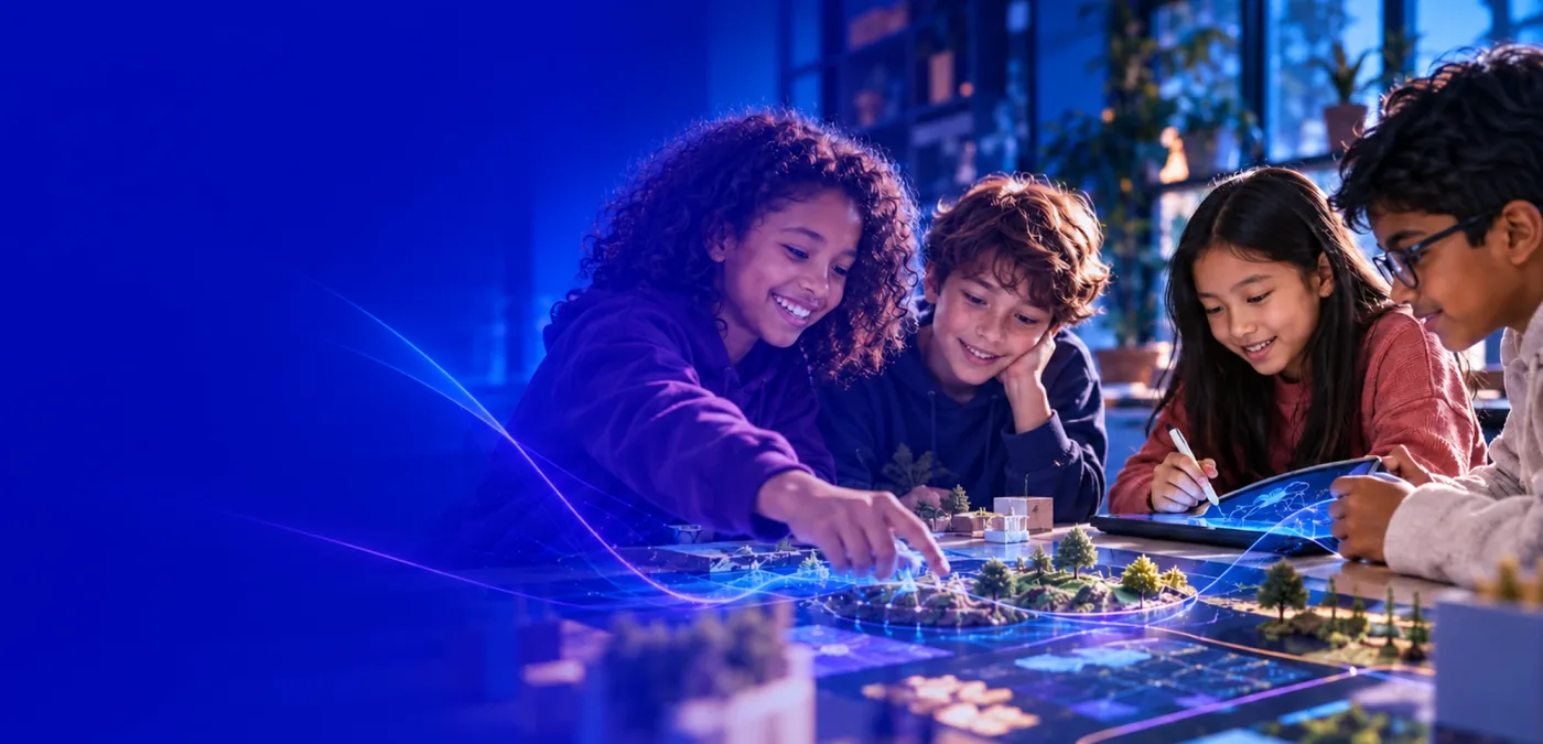Children exploring an interactive digital map together